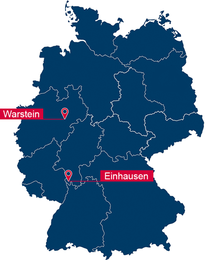 Deutschlandkarte mit zwei Standorten der Jung Gummitechnik GmbH